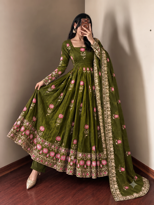 Women olive green embroidered anarkali kurta with pant & dupatta set 2