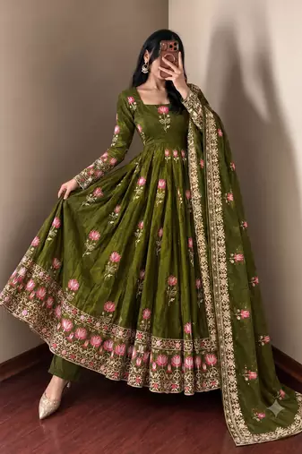 Women olive green embroidered anarkali kurta with pant & dupatta set