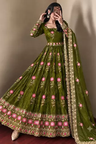 Women olive green embroidered anarkali kurta with pant & dupatta set