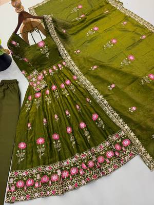 Women olive green embroidered anarkali kurta with pant & dupatta set 4