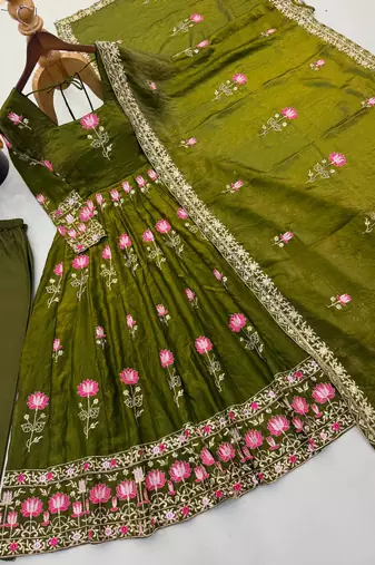 Women olive green embroidered anarkali kurta with pant & dupatta set