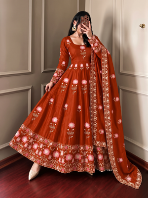 Women orange embroidered anarkali kurta with pant & dupatta set 1