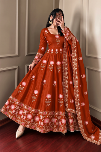 Women orange embroidered anarkali kurta with pant & dupatta set