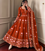 Women orange embroidered anarkali kurta with pant & dupatta set