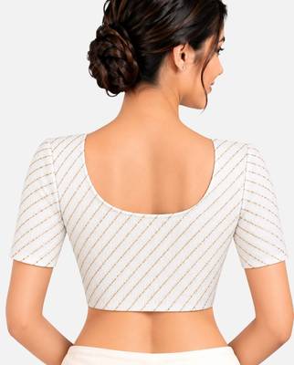 White cotton spandex golden woven zari design stretchable readymade saree blouse 2