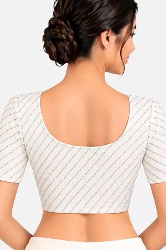 White cotton spandex golden woven zari design stretchable readymade saree blouse