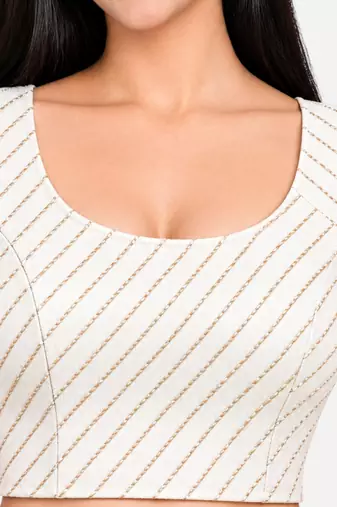 White cotton spandex golden woven zari design stretchable readymade saree blouse