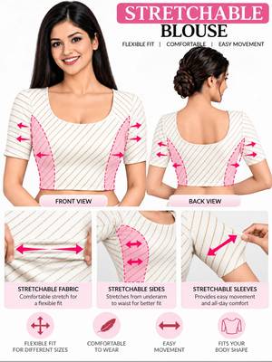White cotton spandex golden woven zari design stretchable readymade saree blouse 5