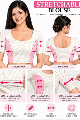 White cotton spandex golden woven zari design stretchable readymade saree blouse