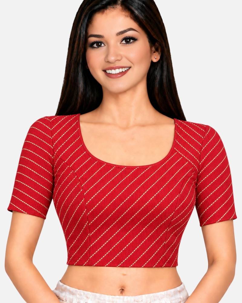 Red cotton spandex golden woven zari design stretchable readymade saree blouse