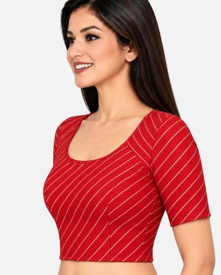 Red cotton spandex golden woven zari design stretchable readymade saree blouse 3