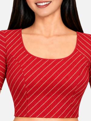 Red cotton spandex golden woven zari design stretchable readymade saree blouse 4