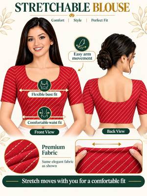 Red cotton spandex golden woven zari design stretchable readymade saree blouse 5