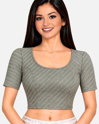 Grey cotton spandex golden woven zari design stretchable readymade saree blouse 1
