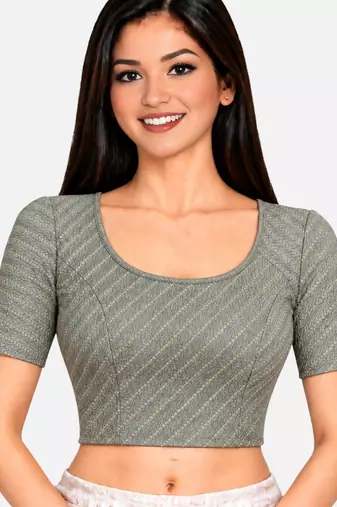 Grey cotton spandex golden woven zari design stretchable readymade saree blouse