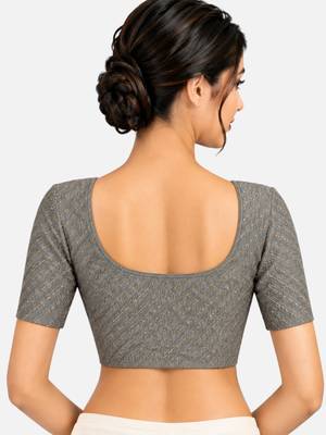 Grey cotton spandex golden woven zari design stretchable readymade saree blouse 2