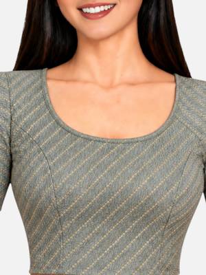 Grey cotton spandex golden woven zari design stretchable readymade saree blouse 4