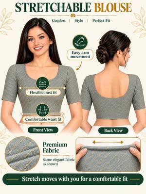 Grey cotton spandex golden woven zari design stretchable readymade saree blouse 5