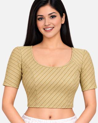 Light gold cotton spandex golden woven zari design stretchable readymade saree blouse 1