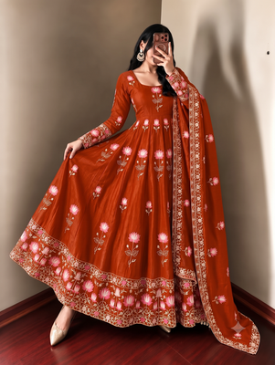 Women orange embroidered anarkali kurta with pant & dupatta set 2