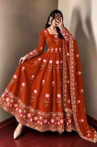 Women orange embroidered anarkali kurta with pant & dupatta set