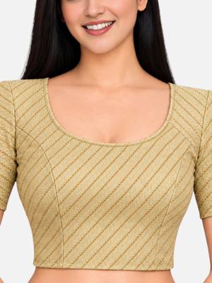Light gold cotton spandex golden woven zari design stretchable readymade saree blouse 4