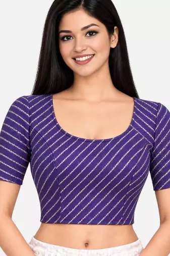 Dark purple cotton spandex golden woven zari design stretchable readymade saree blouse