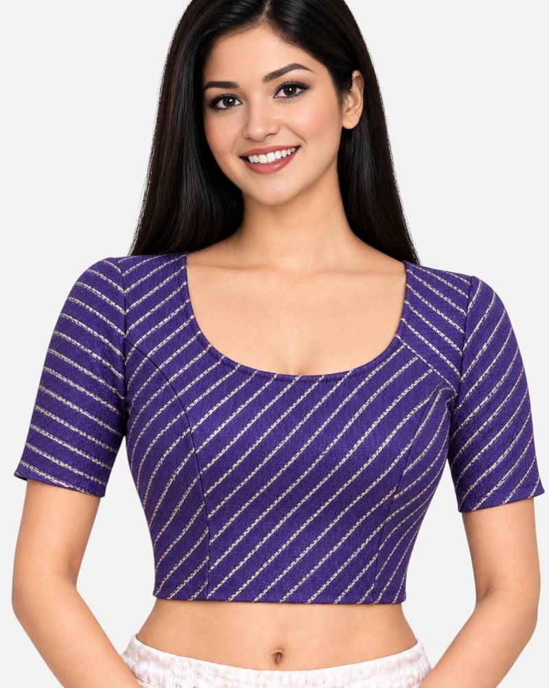 Dark purple cotton spandex golden woven zari design stretchable readymade saree blouse