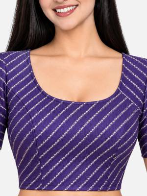 Dark purple cotton spandex golden woven zari design stretchable readymade saree blouse 4