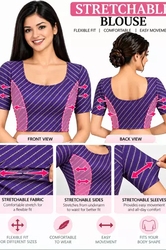 Dark purple cotton spandex golden woven zari design stretchable readymade saree blouse