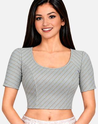 Light grey spandex golden woven zari design stretchable readymade saree blouse 1