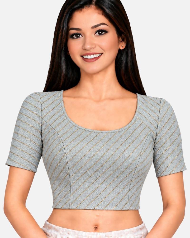 Light grey spandex golden woven zari design stretchable readymade saree blouse