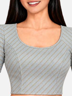 Light grey spandex golden woven zari design stretchable readymade saree blouse 4