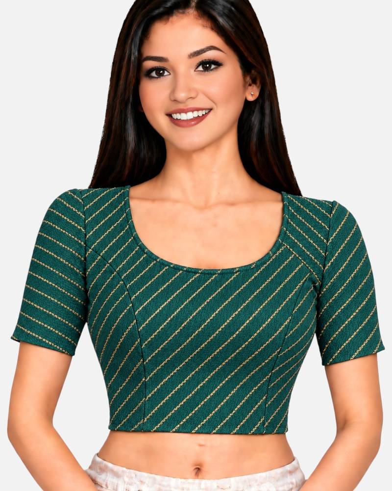 Green cotton spandex golden woven zari design stretchable readymade saree blouse