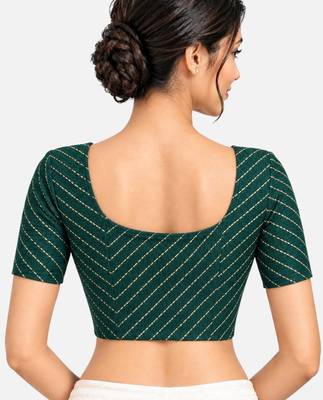 Green cotton spandex golden woven zari design stretchable readymade saree blouse 2