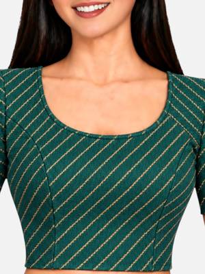 Green cotton spandex golden woven zari design stretchable readymade saree blouse 4