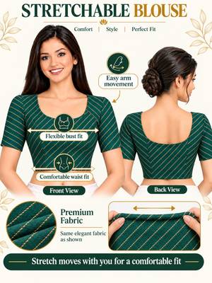 Green cotton spandex golden woven zari design stretchable readymade saree blouse 5