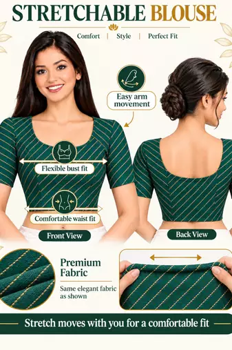 Green cotton spandex golden woven zari design stretchable readymade saree blouse