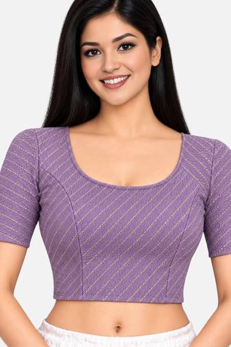 Purple cotton spandex golden woven zari design stretchable readymade saree blouse