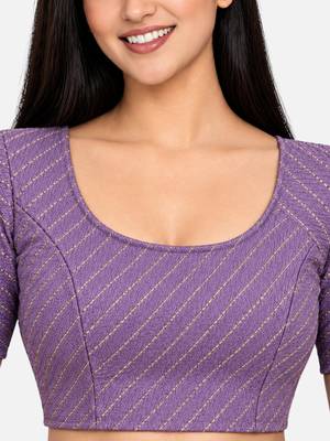 Purple cotton spandex golden woven zari design stretchable readymade saree blouse 4