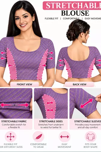 Purple cotton spandex golden woven zari design stretchable readymade saree blouse