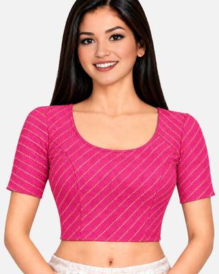 Pink cotton spandex golden woven zari design stretchable readymade saree blouse 1