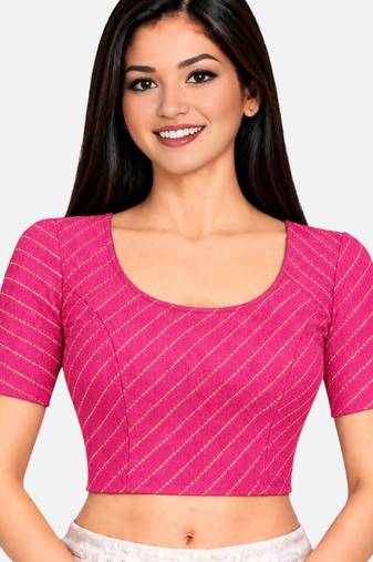 Pink cotton spandex golden woven zari design stretchable readymade saree blouse
