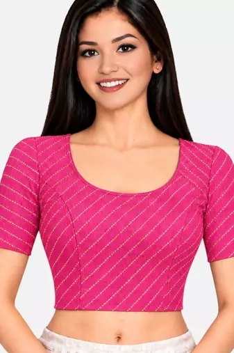 Pink cotton spandex golden woven zari design stretchable readymade saree blouse