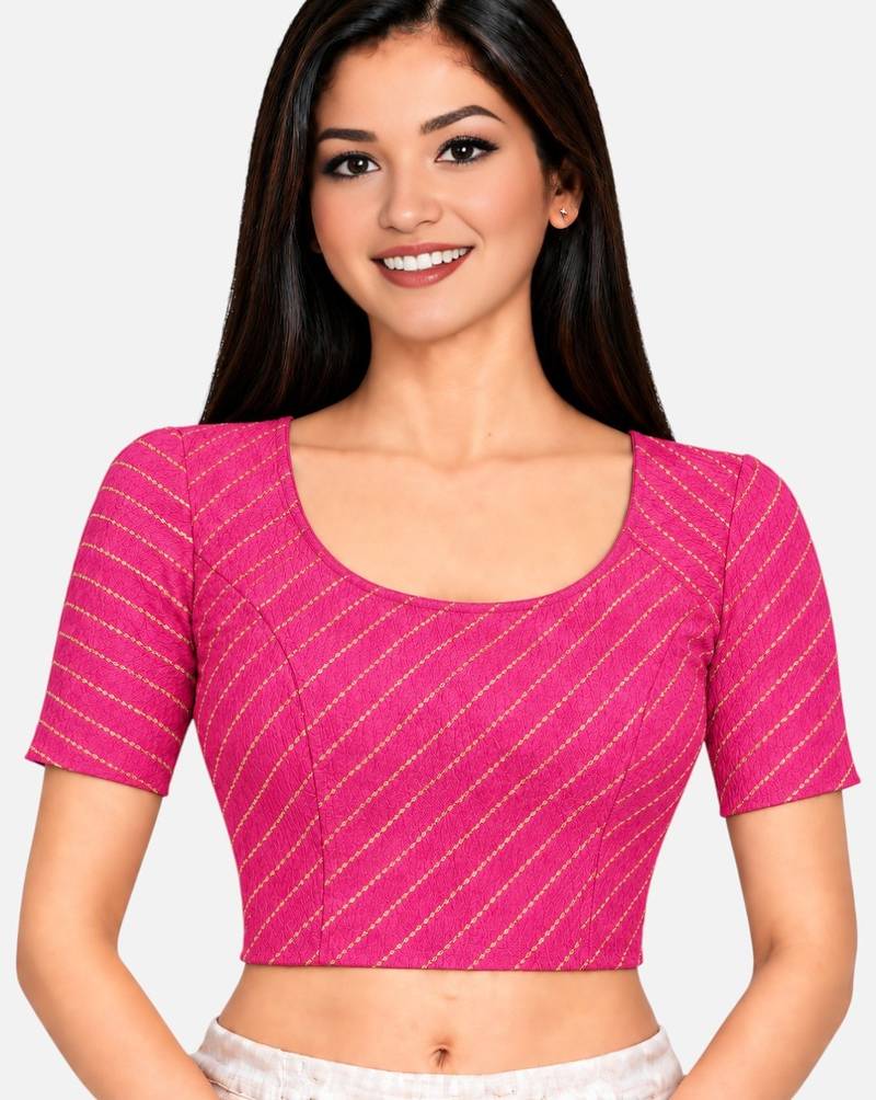 Pink cotton spandex golden woven zari design stretchable readymade saree blouse