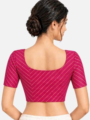 Pink cotton spandex golden woven zari design stretchable readymade saree blouse 2