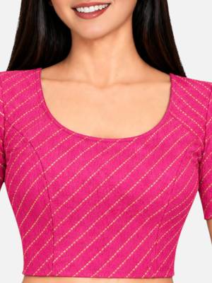 Pink cotton spandex golden woven zari design stretchable readymade saree blouse 4