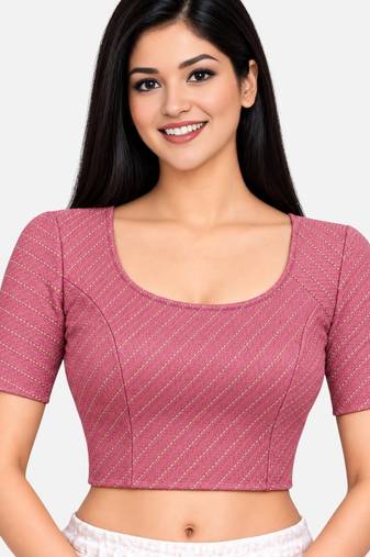 Dusty pink cotton spandex golden woven zari design stretchable readymade saree blouse