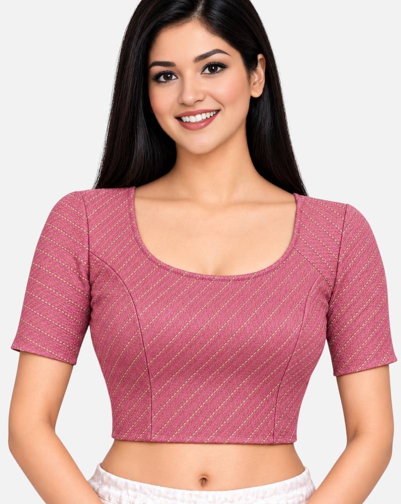 Dusty pink cotton spandex golden woven zari design stretchable readymade saree blouse