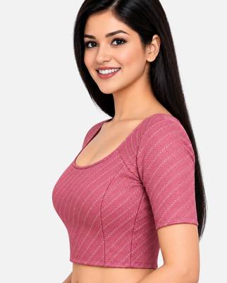 Dusty pink cotton spandex golden woven zari design stretchable readymade saree blouse 3